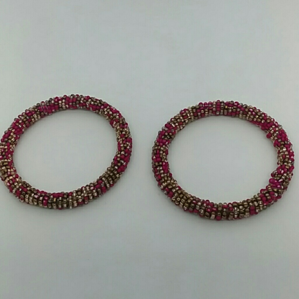 2 Gold-Tone and Magenta Beaded Bangle Braclet